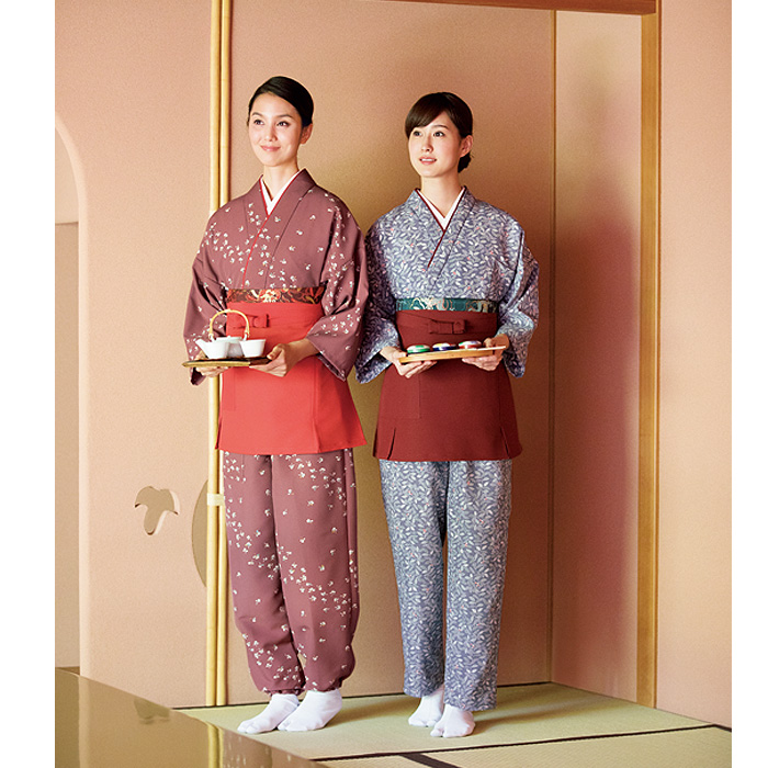 飲食店旅館販売制服 和風店舗に合う　エンジ茶衣着パンツ　洋花小紋　ウエストゴム仕様 　スペック