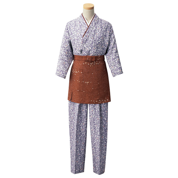 飲食店旅館販売制服 和風店舗に合う　藤色　茶衣着上衣　南天模様　スペック