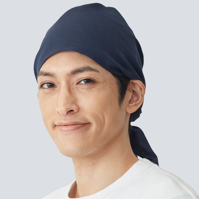 【飲食店販売店制服】清涼バンダナキャップ【兼用】日本製 頭に被って結ぶだけ 通気性・抗菌防臭効果 モデル