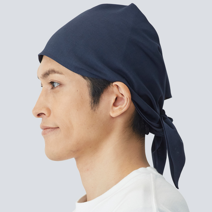 【飲食店販売店制服】清涼バンダナキャップ【兼用】日本製 頭に被って結ぶだけ 通気性・抗菌防臭効果 モデル