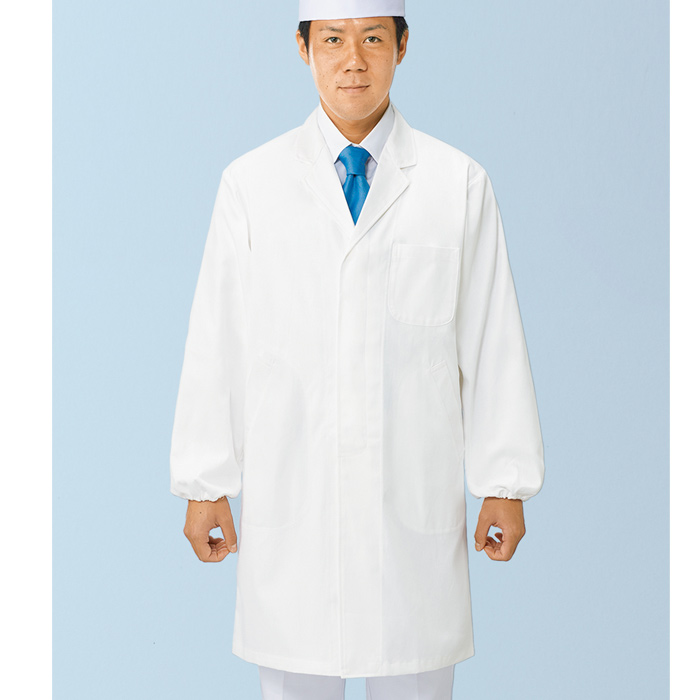 【【男性用】衿付き・長袖　長衣ロング丈調理白衣　綿100%(カツラギ)　S～4L　スペック