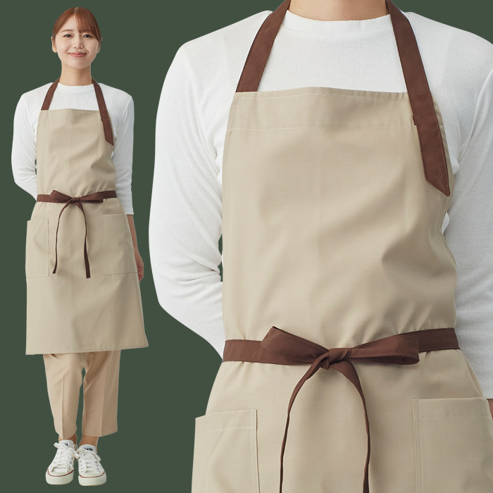【飲食店販売店制服】バイカラー首掛けエプロン4色 純国産で軽くて疲れない 綿ポリ撥水制電機能付 モデル