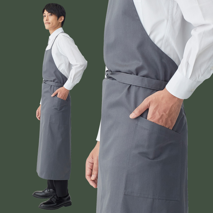 【飲食店販売店制服】膝もお尻も隠れる ロング丈タスキエプロン5色 日本製 綿ポリ撥水制電機能付 モデル