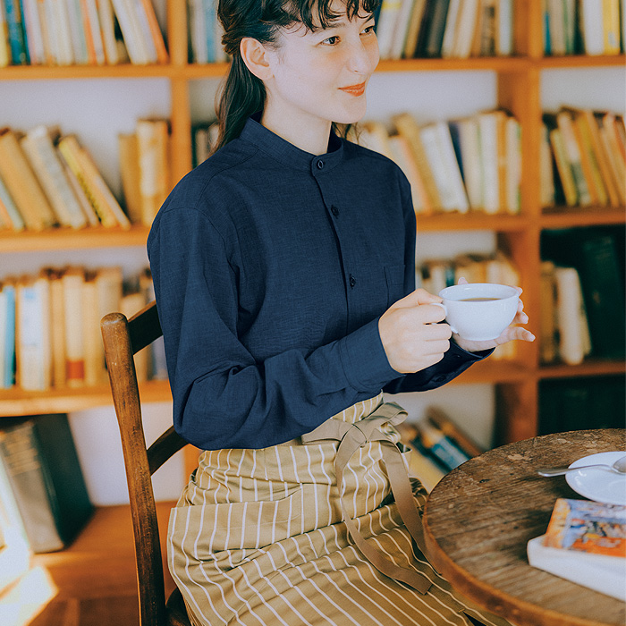 飲食店販売店制服　オニベジ野菜や植物から染めた色　スタンドカラー長袖シャツ【兼用】　スペック
