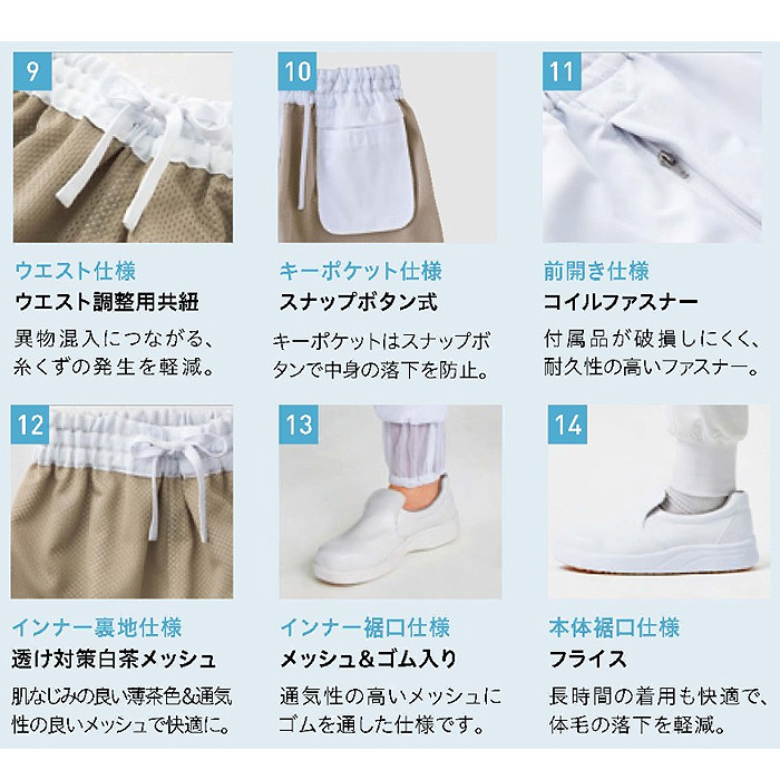 食品工場向け衛生服 常温作業向け ”長く使える”耐久性と形態安定 ホッピングパンツ2色[兼用]　詳細画像
