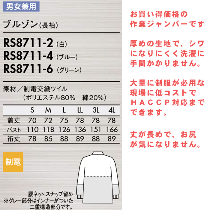 異物を持ち込ませない食品工場、食品製造ユニフォーム制服【男女兼用】　上着　詳細仕様