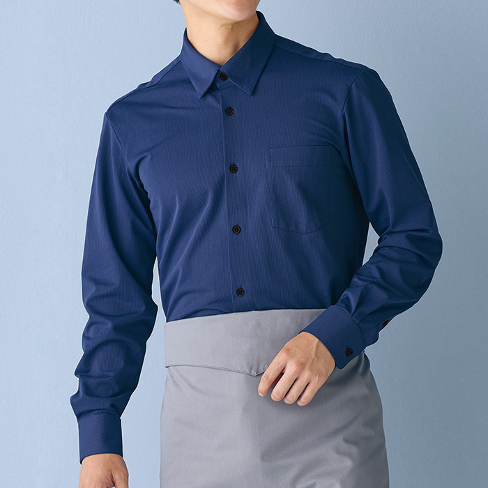 【飲食店販売店制服】比翼ボタンダウン長袖ニットシャツ4色【兼用】シワになりにくく、お手入れしやすい　スペック