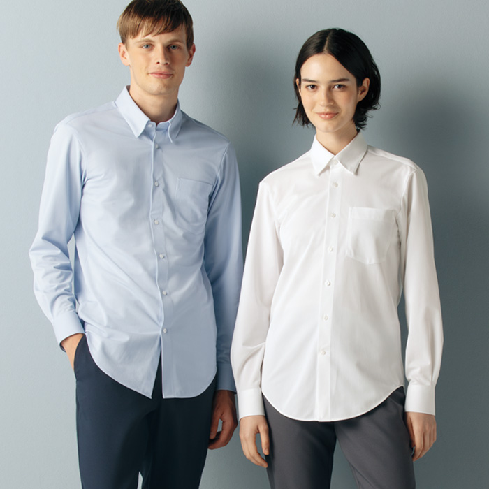 【飲食店販売店制服】比翼ボタンダウン長袖ニットシャツ4色【兼用】シワになりにくく、お手入れしやすい　スペック