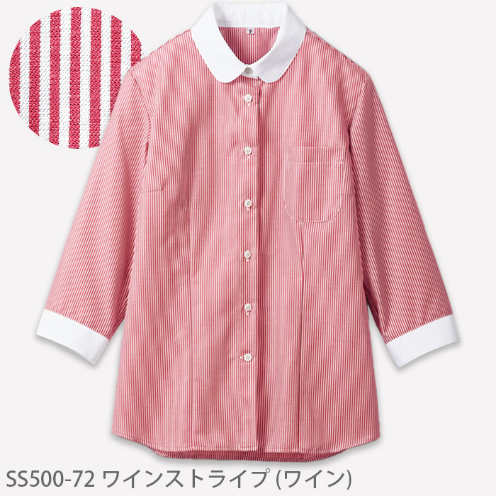 ストライプシャツ　レディースシャツ　丸襟　七分　　色"