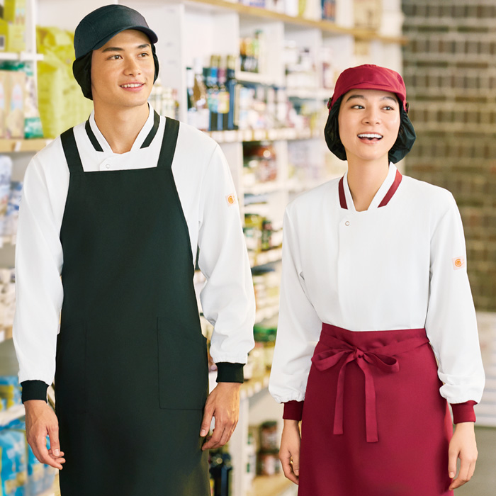 【飲食店販売店制服】袖リブで腕まくりできる　長袖コックコート【兼用】ストレッチニット素材　スペック