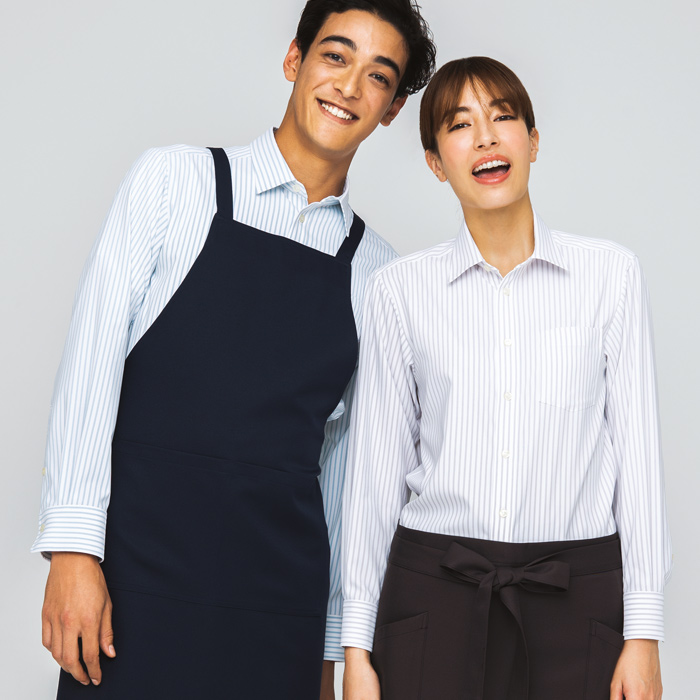ストライプ長袖シャツ【兼用】軽くてなめらかストレッチ シワになりにくい　モデル