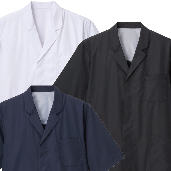 【飲食店販売店制服】エリ付き半袖調理白衣【兼用】涼しい・体毛落下防止ネット付 スペック