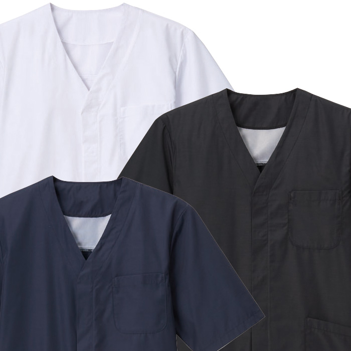 【飲食店販売店制服】エリなしき半袖調理白衣【兼用】涼しい・体毛落下防止ネット付 スペック