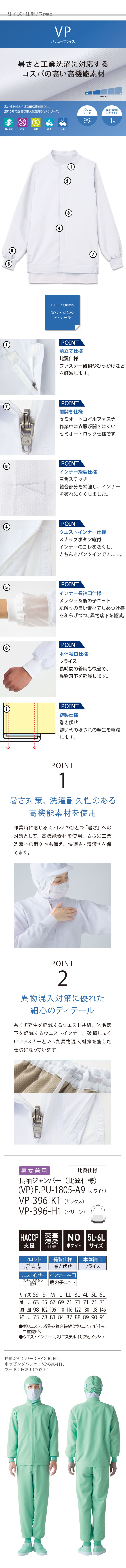 食品工場向け衛生服 高温作業向け 暑さ対策の決定版!お求めやすい長袖ジャンパー3色[兼用]　　商品詳細仕様、スペック説明