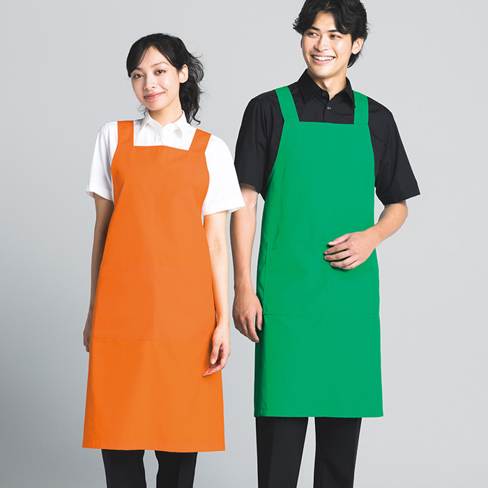 H形胸当てエプロン【10色M・L】撥水、軽くて丈夫な綿混素材　ウエスト105cmまで対応　モデル