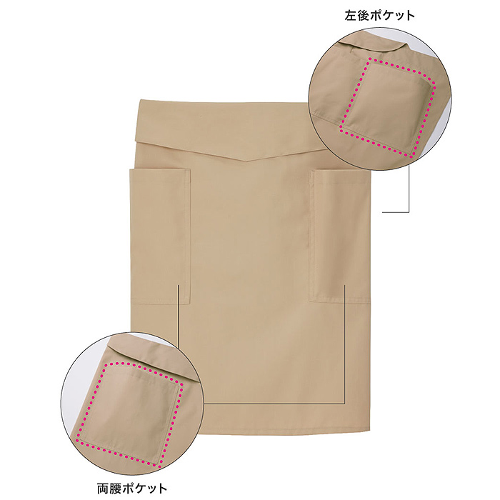 腰ひも隠れてスッキリ　腰下ミドルエプロン【10色】撥水、軽くて丈夫な綿混素材　スペック