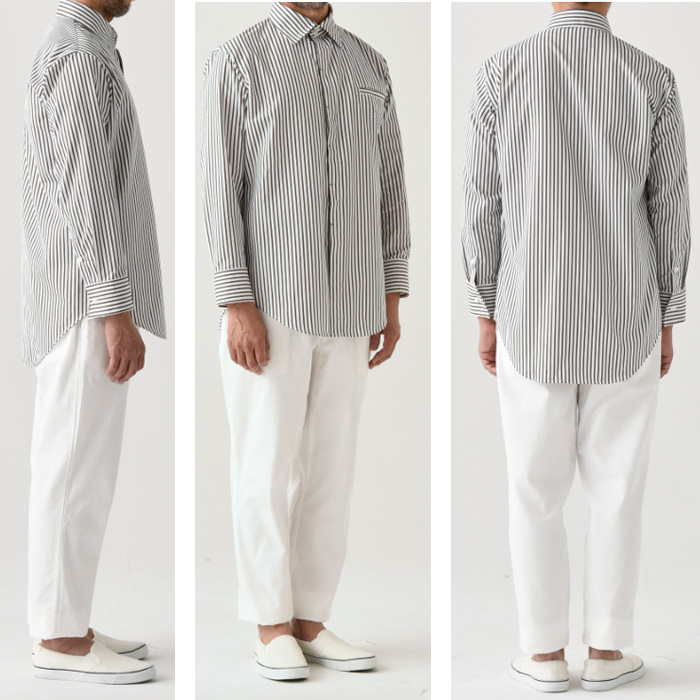 飲食店販売店制服　シャツ【男性用】3色　2つボタンの爽やかなストライプシャツ　先染めストライプ　モデル